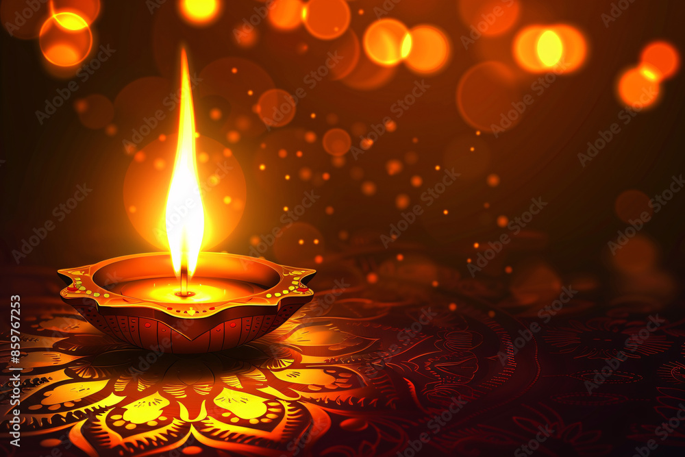 Poster a single illuminated diya with intricate patterns surrounded by warm bokeh lights creating a serene 