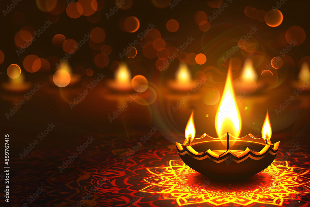 Poster a glowing diya lamp with intricate designs surrounded by warm bokeh lights in a dark festive setting