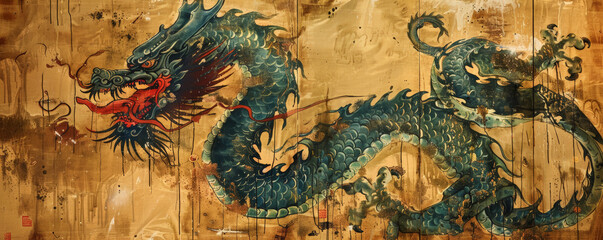 Fototapeta premium Dragon and Bamboo Scrolls: A dragon painted on ancient bamboo scrolls, evoking a sense of history and tradition.