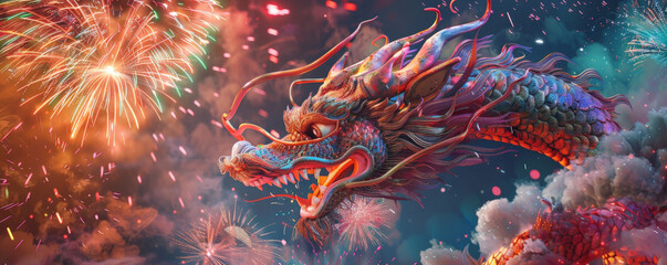 Dragon and Fireworks: A dynamic scene of a dragon against a backdrop of vibrant fireworks, celebrating the Chinese New Year 2025 with grandeur.