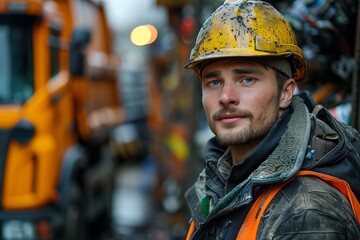 Construction Worker Wearing Yellow Hard Hat and Safety Vest