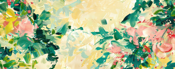 Floral Impressions: Brush strokes in shades of green, pink, and yellow, forming abstract floral patterns on a light beige background, evoking a springtime garden.