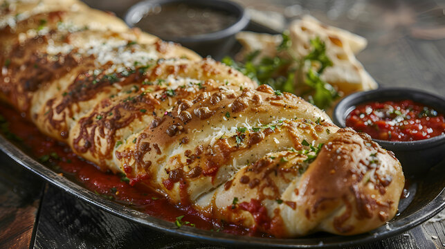 A vibrant stromboli platter with marinara dipping sauce