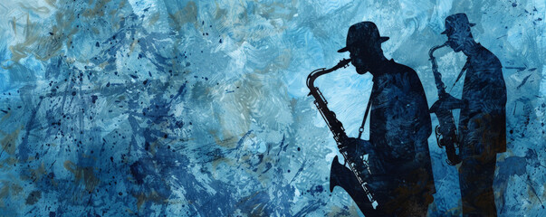 Fototapeta premium Jazzy blues background with cool blue tones and a subtle grunge texture. Silhouettes of a saxophonist and pianist convey the soulful essence of the blues.