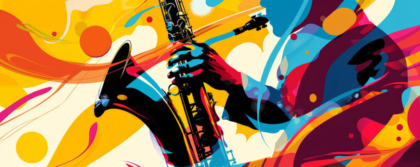 Lively jazz music background with bright, dynamic colors and abstract shapes. The energetic design reflects the vibrant spirit of live jazz.