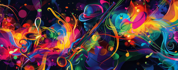 Lively jazz music background with bright, colorful bursts of musical notes and instruments. Abstract shapes and vibrant hues convey the energy of live jazz.