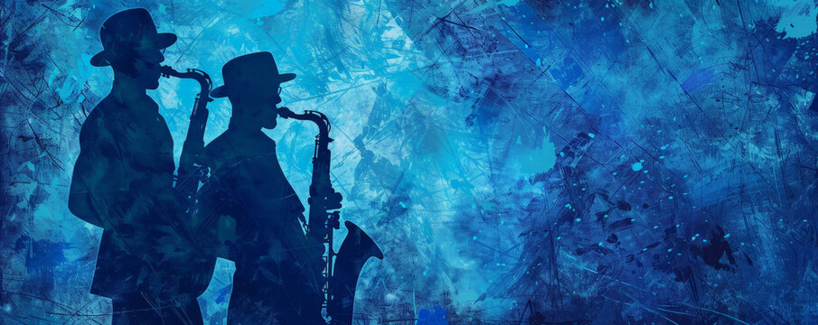 Jazzy blues background with cool blue tones and a subtle grunge texture. Silhouettes of a saxophonist and pianist convey the soulful essence of the blues.