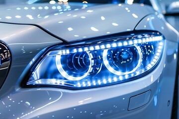 Macro view of car headlight of modern white car