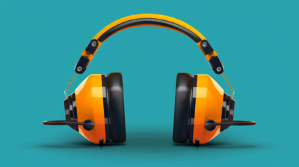 Naklejka premium Orange and black industrial headphones placed on a teal background, showcasing a sleek and modern design for noise protection.