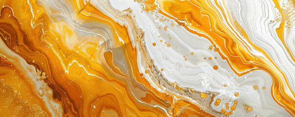Marble abstract background in a rich, warm palette of orange, gold, and white. The patterns are bold and energetic, creating a vibrant and inviting atmosphere