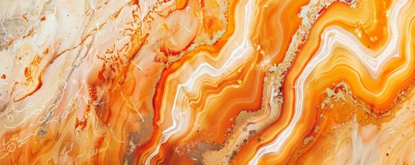Marble abstract background in a rich, warm palette of orange, gold, and white. The patterns are bold and energetic, creating a vibrant and inviting atmosphere
