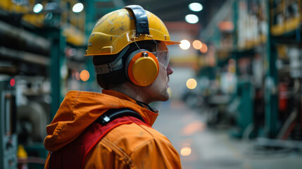 Factory worker in a hard hat and ear protection gear, ensuring safety and compliance in a noisy industrial environment.