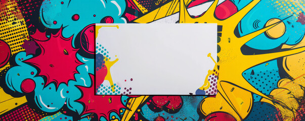 Mockup card birthday background featuring a bold and colorful pop art theme, with a white card set against a backdrop of vibrant comic book illustrations, creating a fun and energetic look