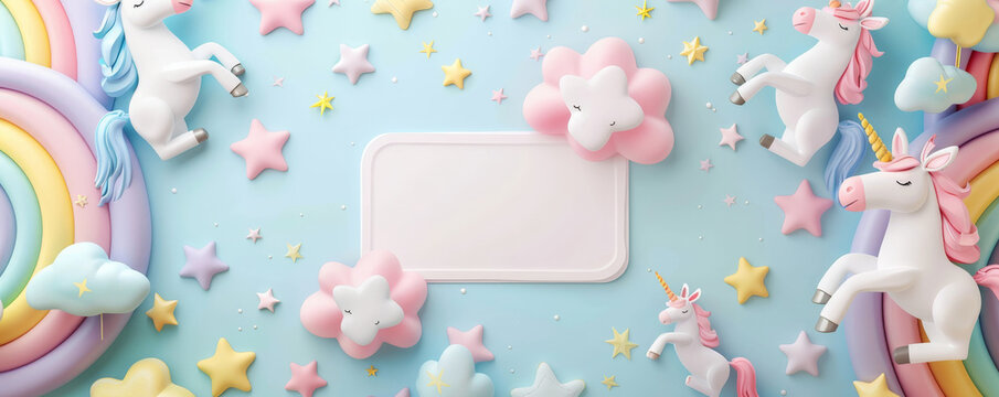 Mockup card birthday background featuring a fun and playful unicorn theme, with a white card set against a backdrop of pastel-colored rainbows, stars, and magical unicorns, perfect for a whimsical and