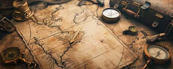 Mockup card birthday background showcasing a vintage travel theme, with a sepia-toned card, aged map textures, and antique travel elements like old suitcases and compasses, creating a nostalgic and
