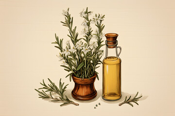 vintage style illustrated olive oil rosemary, herb oil rosemary