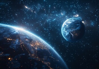 Obraz premium Illuminated Earth and Moon in Vast Outer Space