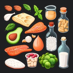 A colorful collection of healthy food ingredients, including avocado, salmon, nuts, garlic, and dairy.  vector
