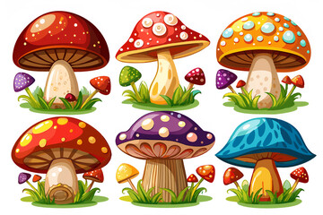 Illustration of various mushrooms in natural setting with green foliage