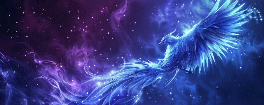 Phoenix bird background featuring an ethereal blue and purple color scheme, with the bird's feathers shimmering in the moonlight. The background is a starry night sky with subtle mystical auras