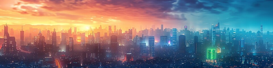 Fototapeta premium A cyberpunk city backdrop at night with glowing vibrant colors. 