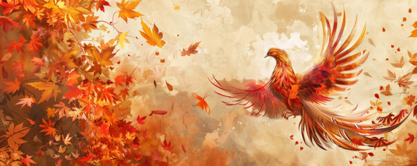 Phoenix bird background with an autumn forest theme, showcasing the bird in warm hues of orange, red, and gold. The background includes falling leaves and a rich, earthy texture