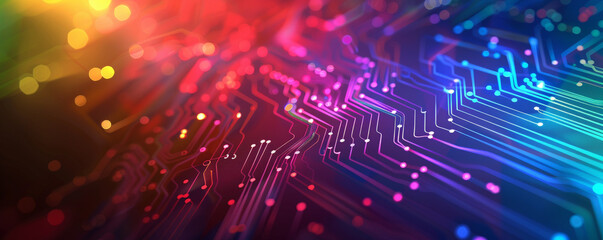 Obraz premium Pride LGBT background showcasing a digital circuit board design in rainbow colors, symbolizing connectivity and innovation