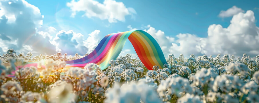 Pride LGBT background showcasing a rainbow ribbon winding through a field of white flowers, symbolizing peace and acceptance