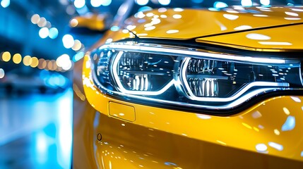 Macro view of car headlight of modern yellow car