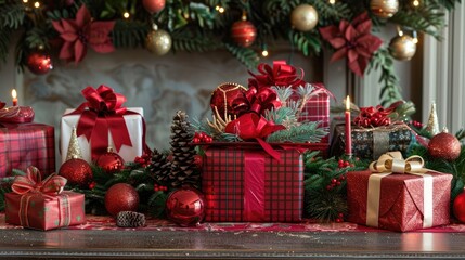 Festive holiday setup with gifts ornaments on table