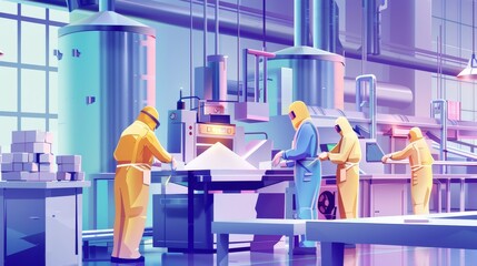 Workers in protective gear operating high-tech machines in a clean sugar factory, ensuring safe processing of sugarcane, realistic