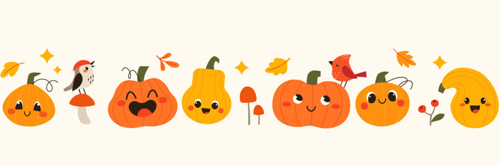 Bright autumn seamless border with cute funny pumpkins, birds and leaves on white background.