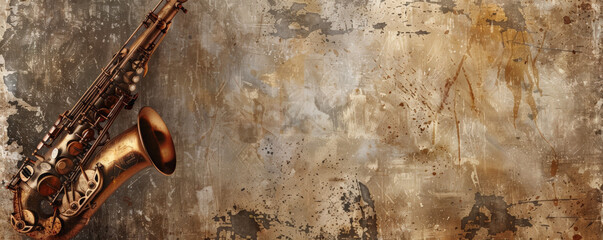 Naklejka premium Rustic jazz music background with earthy tones and a weathered texture. Classic instruments like the saxophone and trumpet are prominently featured.