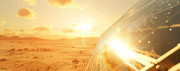 Solar energy background featuring solar panels on a desert landscape, the bright sun reflecting off the panels. The design showcases the adaptability of solar energy in various environments.