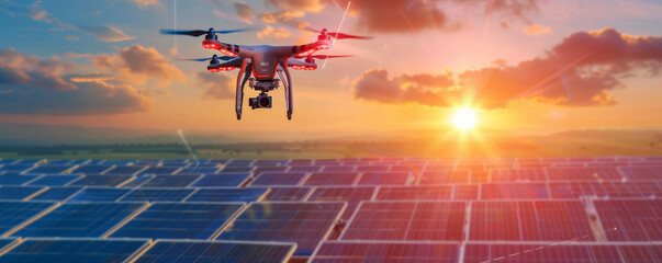 Solar energy background showing a solar-powered drone flying over a field of solar panels. The futuristic scene highlights the integration of solar energy with cutting-edge technology.