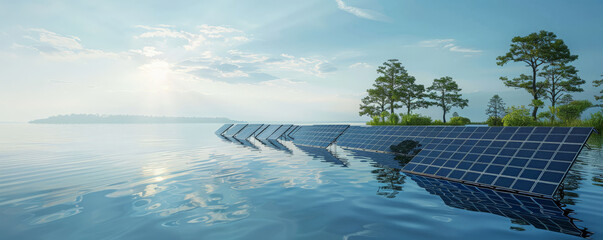 Solar energy background showing solar panels floating on a calm lake under a clear sky. The scene highlights innovative approaches to harnessing solar energy.