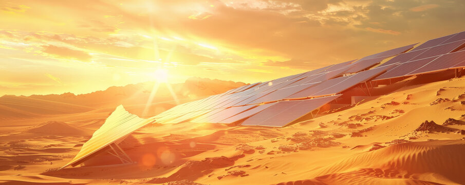 Solar energy background featuring solar panels on a desert landscape, the bright sun reflecting off the panels. The design showcases the adaptability of solar energy in various environments.
