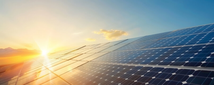 Solar energy background showing a rooftop covered with solar panels against a clear, sunny sky. The design promotes residential solar energy solutions.