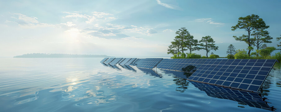 Solar energy background showing solar panels floating on a calm lake under a clear sky. The scene highlights innovative approaches to harnessing solar energy.