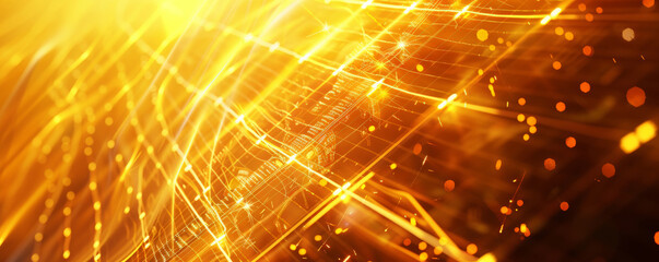 Solar energy background with an abstract representation of solar cells and rays of sunlight, using bright yellow and orange tones. The design conveys energy and innovation.
