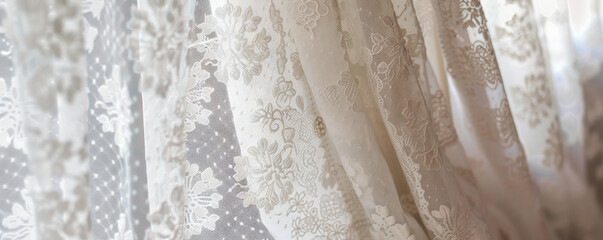 Obraz premium White Lace Curtains: Delicate white lace curtains with intricate patterns, creating a vintage and romantic atmosphere.
