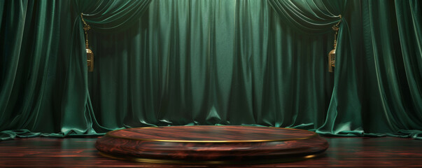 Winner award podium background featuring a polished wood podium with gold accents, surrounded by a backdrop of rich green drapery and soft spotlighting, creating a classic and prestigious look