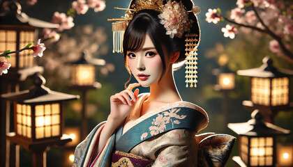  夜の庭園での花魁と桜