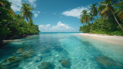 Fototapeta premium A view of a tropical seaside from the clear blue water. 