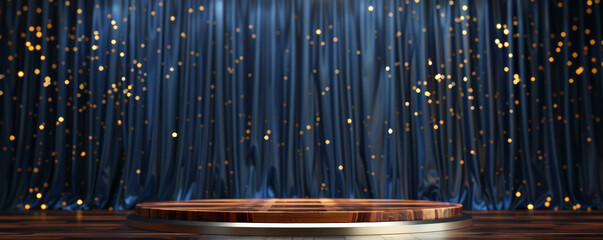 Winner award podium background featuring a polished wood podium with silver trim, set against a deep blue curtain backdrop with sparkling lights, creating a sophisticated and classic look