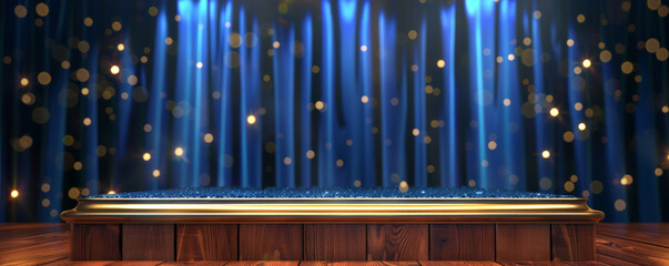 Obraz premium Winner award podium background featuring a polished wood podium with silver trim, set against a deep blue curtain backdrop with sparkling lights, creating a sophisticated and classic look