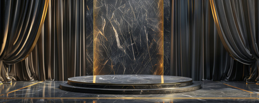 Winner award podium background featuring a polished granite podium with golden inlays, surrounded by elegant drapery and subtle lighting, exuding timeless sophistication