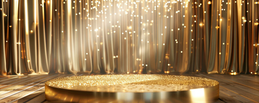 Winner award podium background featuring a polished wood podium with gold trim, surrounded by a backdrop of shimmering gold curtains, creating a simple yet elegant scene