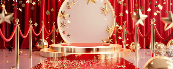 Winner award podium background with a glossy white podium and metallic gold details, surrounded by red velvet ropes and a star-studded backdrop, exuding luxury and celebration