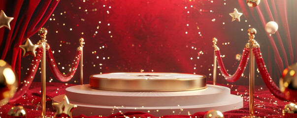Winner award podium background with a glossy white podium and metallic gold details, surrounded by red velvet ropes and a star-studded backdrop, exuding luxury and celebration